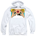Sexy surprised blonde pop art woman with open mouth and rising hands screaming announcement. Vector background in comic retro pop art style. Party invitation. - Sweatshirt