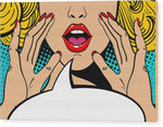 Sexy surprised blonde pop art woman with open mouth and rising hands screaming announcement. Vector background in comic retro pop art style. Party invitation. - Wood Print