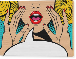 Sexy surprised blonde pop art woman with open mouth and rising hands screaming announcement. Vector background in comic retro pop art style. Party invitation. - Wood Print