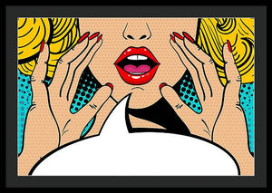 Sexy surprised blonde pop art woman with open mouth and rising hands screaming announcement. Vector background in comic retro pop art style. Party invitation. - Framed Print