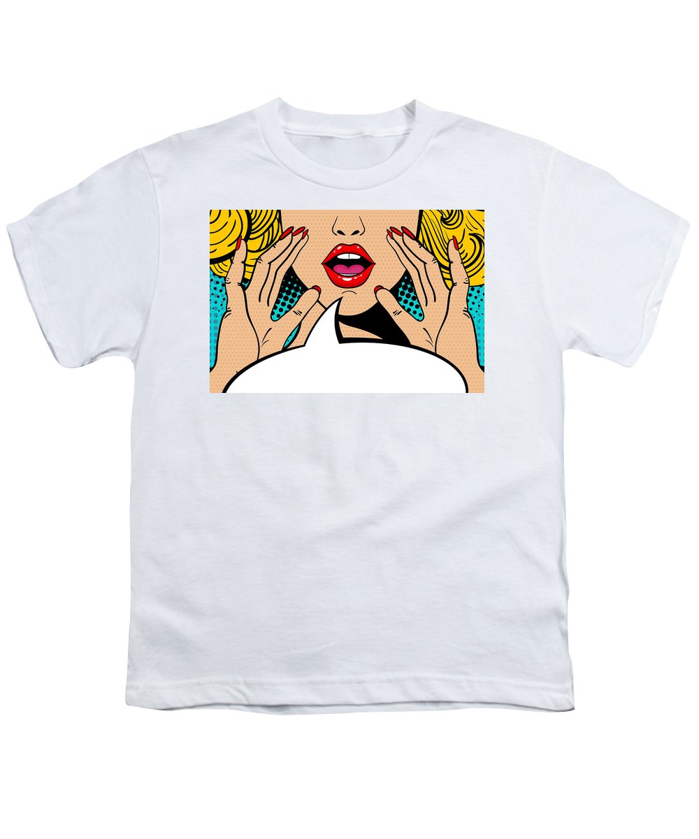 Sexy surprised blonde pop art woman with open mouth and rising hands screaming announcement. Vector background in comic retro pop art style. Party invitation. - Youth T-Shirt