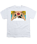 Sexy surprised blonde pop art woman with open mouth and rising hands screaming announcement. Vector background in comic retro pop art style. Party invitation. - Youth T-Shirt