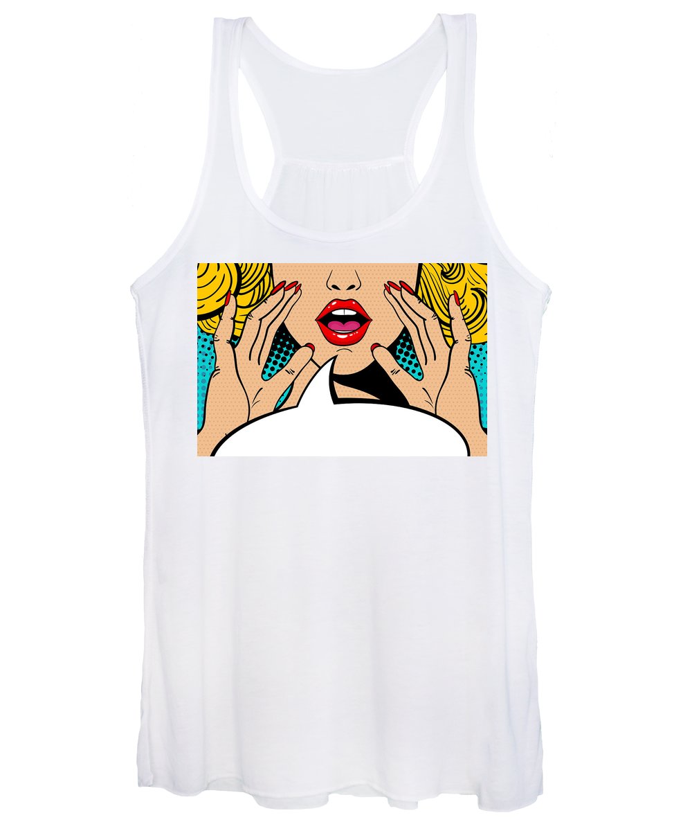 Sexy surprised blonde pop art woman with open mouth and rising hands screaming announcement. Vector background in comic retro pop art style. Party invitation. - Women's Tank Top