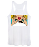 Sexy surprised blonde pop art woman with open mouth and rising hands screaming announcement. Vector background in comic retro pop art style. Party invitation. - Women's Tank Top