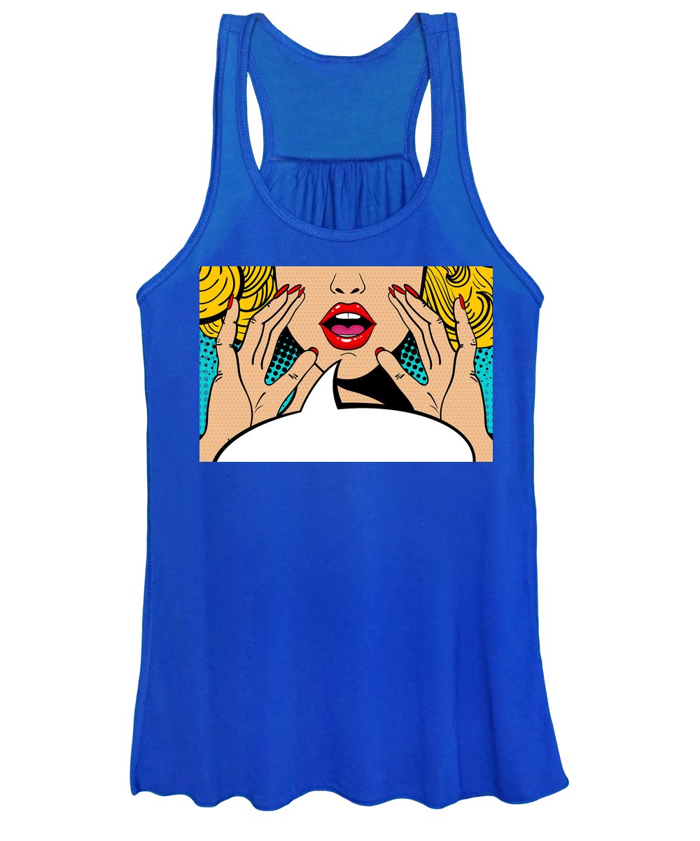 Sexy surprised blonde pop art woman with open mouth and rising hands screaming announcement. Vector background in comic retro pop art style. Party invitation. - Women's Tank Top