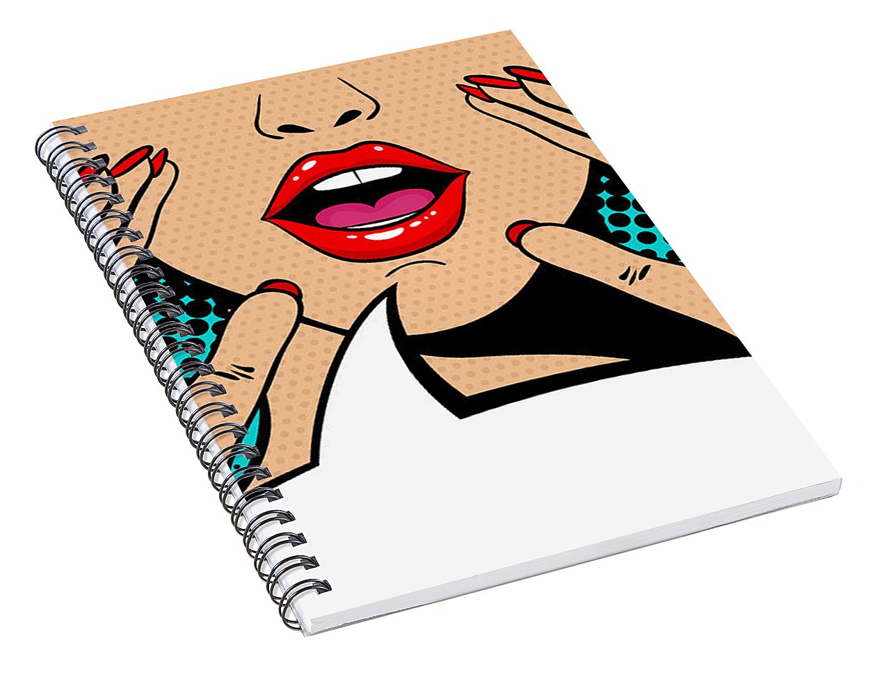 Sexy surprised blonde pop art woman with open mouth and rising hands screaming announcement. Vector background in comic retro pop art style. Party invitation. - Spiral Notebook