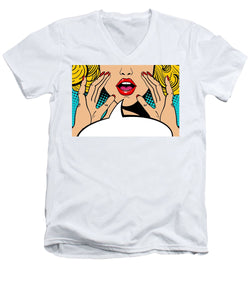 Sexy surprised blonde pop art woman with open mouth and rising hands screaming announcement. Vector background in comic retro pop art style. Party invitation. - Men's V-Neck T-Shirt