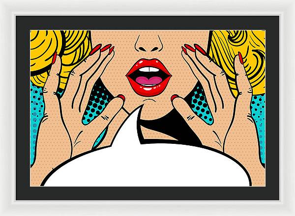 Sexy surprised blonde pop art woman with open mouth and rising hands screaming announcement. Vector background in comic retro pop art style. Party invitation. - Framed Print