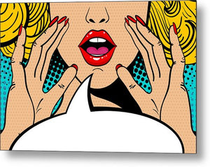 Sexy surprised blonde pop art woman with open mouth and rising hands screaming announcement. Vector background in comic retro pop art style. Party invitation. - Metal Print
