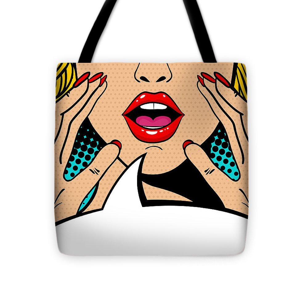 Sexy surprised blonde pop art woman with open mouth and rising hands screaming announcement. Vector background in comic retro pop art style. Party invitation. - Tote Bag