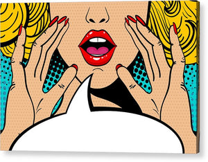 Sexy surprised blonde pop art woman with open mouth and rising hands screaming announcement. Vector background in comic retro pop art style. Party invitation. - Acrylic Print