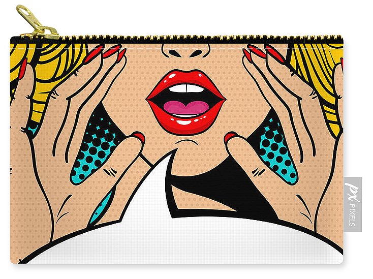 Sexy surprised blonde pop art woman with open mouth and rising hands screaming announcement. Vector background in comic retro pop art style. Party invitation. - Carry-All Pouch