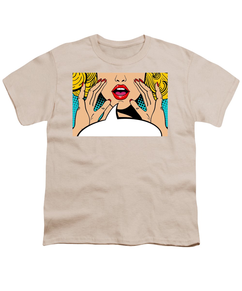 Sexy surprised blonde pop art woman with open mouth and rising hands screaming announcement. Vector background in comic retro pop art style. Party invitation. - Youth T-Shirt