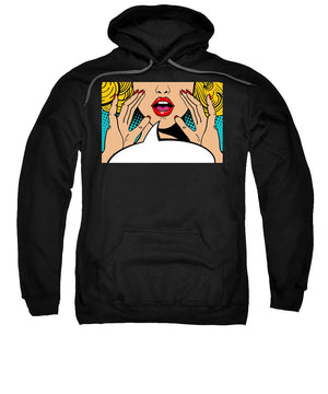Sexy surprised blonde pop art woman with open mouth and rising hands screaming announcement. Vector background in comic retro pop art style. Party invitation. - Sweatshirt
