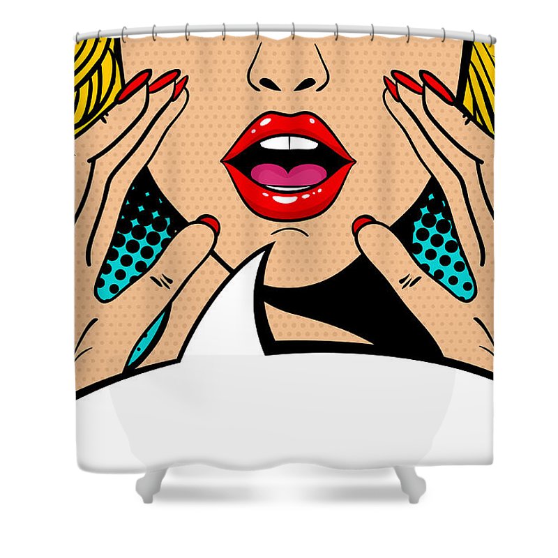 Sexy surprised blonde pop art woman with open mouth and rising hands screaming announcement. Vector background in comic retro pop art style. Party invitation. - Shower Curtain