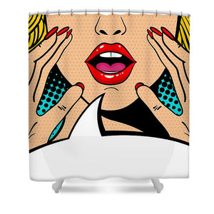 Sexy surprised blonde pop art woman with open mouth and rising hands screaming announcement. Vector background in comic retro pop art style. Party invitation. - Shower Curtain