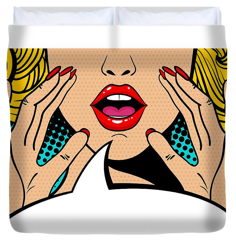 Sexy surprised blonde pop art woman with open mouth and rising hands screaming announcement. Vector background in comic retro pop art style. Party invitation. - Duvet Cover