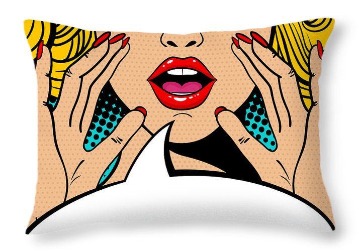 Sexy surprised blonde pop art woman with open mouth and rising hands screaming announcement. Vector background in comic retro pop art style. Party invitation. - Throw Pillow
