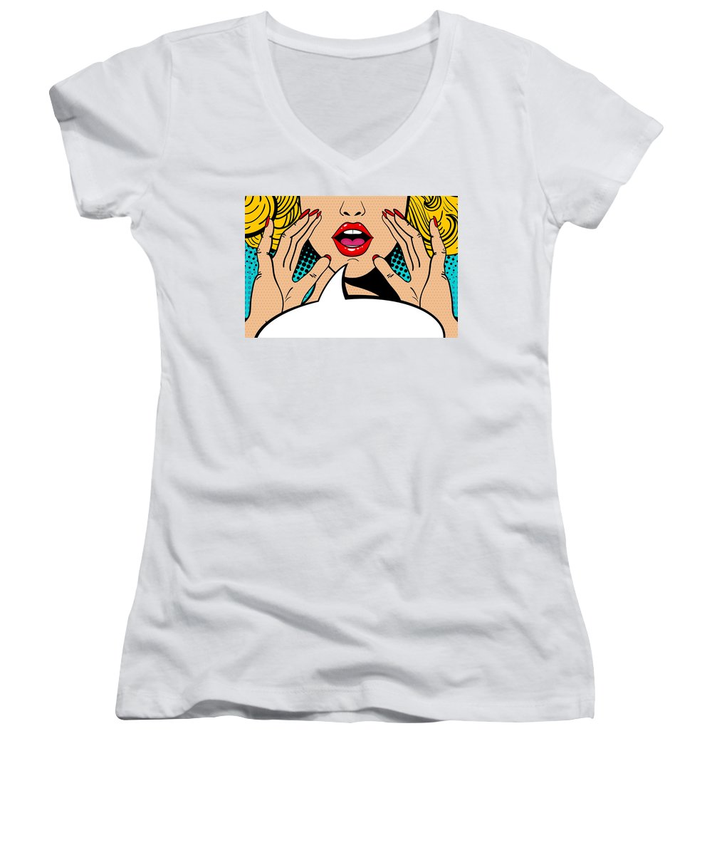 Sexy surprised blonde pop art woman with open mouth and rising hands screaming announcement. Vector background in comic retro pop art style. Party invitation. - Women's V-Neck