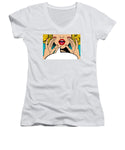 Sexy surprised blonde pop art woman with open mouth and rising hands screaming announcement. Vector background in comic retro pop art style. Party invitation. - Women's V-Neck