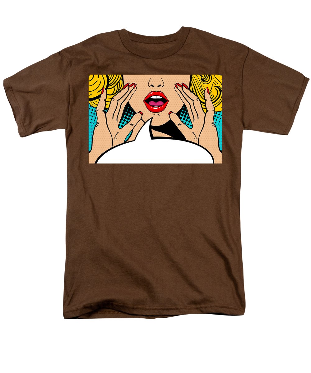 Sexy surprised blonde pop art woman with open mouth and rising hands screaming announcement. Vector background in comic retro pop art style. Party invitation. - Men's T-Shirt  (Regular Fit)