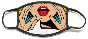 Sexy surprised blonde pop art woman with open mouth and rising hands screaming announcement. Vector background in comic retro pop art style. Party invitation. - Face Mask