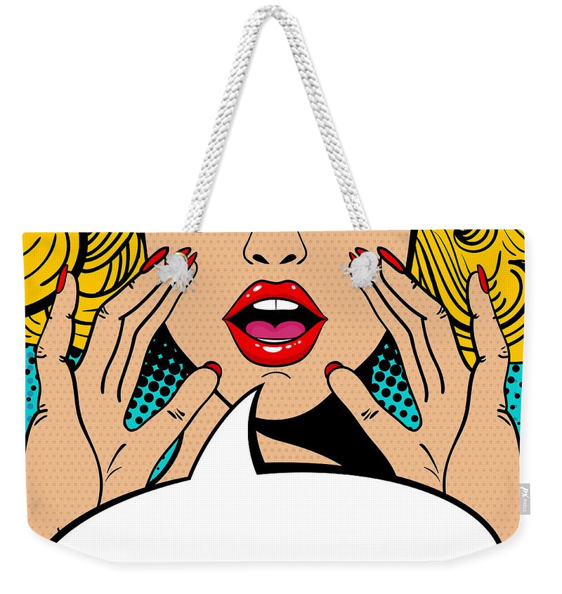 Sexy surprised blonde pop art woman with open mouth and rising hands screaming announcement. Vector background in comic retro pop art style. Party invitation. - Weekender Tote Bag