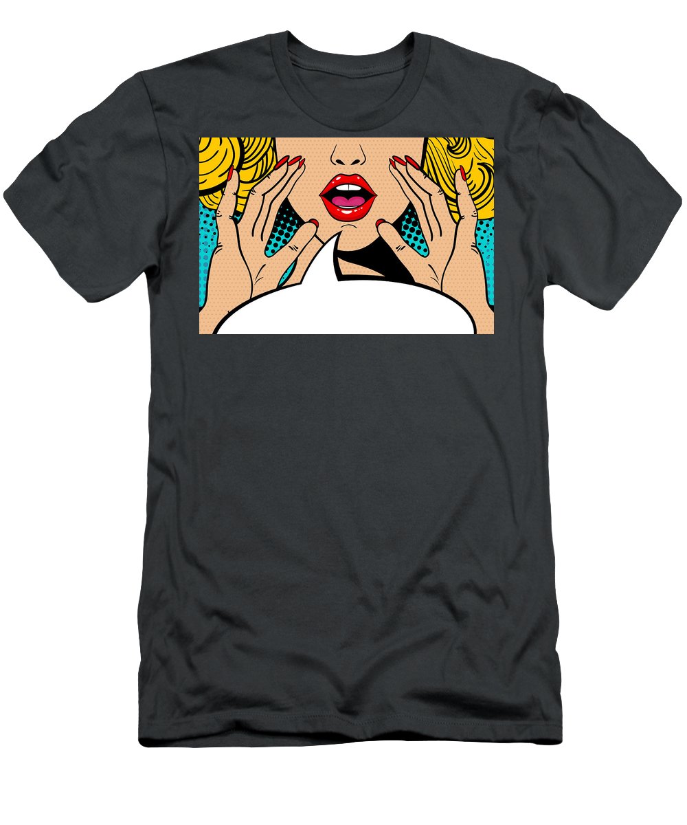 Sexy surprised blonde pop art woman with open mouth and rising hands screaming announcement. Vector background in comic retro pop art style. Party invitation. - T-Shirt