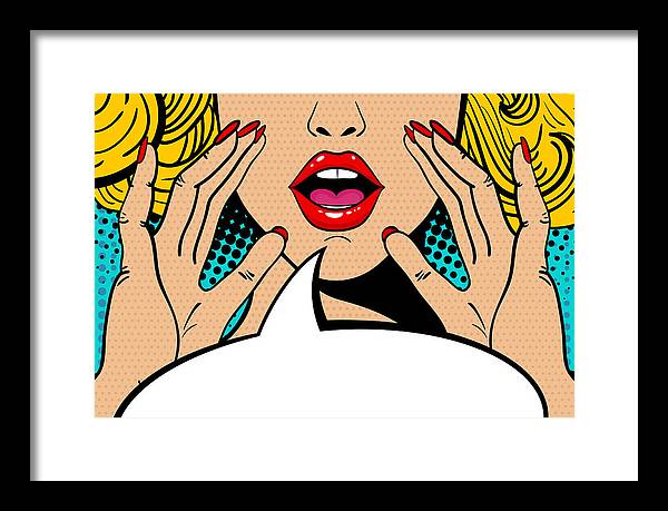Sexy surprised blonde pop art woman with open mouth and rising hands screaming announcement. Vector background in comic retro pop art style. Party invitation. - Framed Print