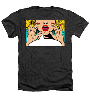 Sexy surprised blonde pop art woman with open mouth and rising hands screaming announcement. Vector background in comic retro pop art style. Party invitation. - Heathers T-Shirt