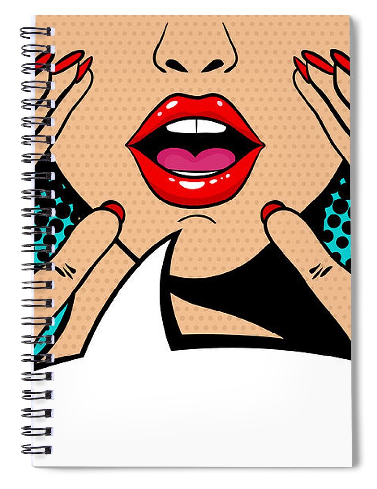 Sexy surprised blonde pop art woman with open mouth and rising hands screaming announcement. Vector background in comic retro pop art style. Party invitation. - Spiral Notebook