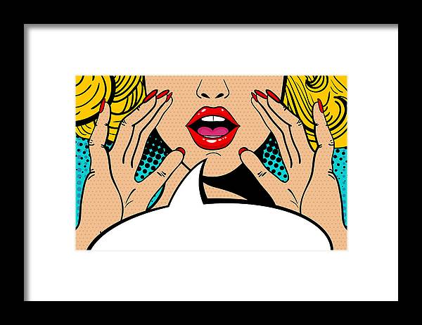 Sexy surprised blonde pop art woman with open mouth and rising hands screaming announcement. Vector background in comic retro pop art style. Party invitation. - Framed Print