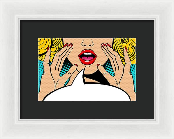 Sexy surprised blonde pop art woman with open mouth and rising hands screaming announcement. Vector background in comic retro pop art style. Party invitation. - Framed Print