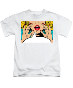 Sexy surprised blonde pop art woman with open mouth and rising hands screaming announcement. Vector background in comic retro pop art style. Party invitation. - Kids T-Shirt