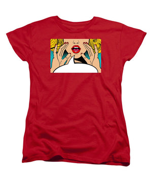 Sexy surprised blonde pop art woman with open mouth and rising hands screaming announcement. Vector background in comic retro pop art style. Party invitation. - Women's T-Shirt (Standard Fit)
