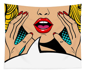 Sexy surprised blonde pop art woman with open mouth and rising hands screaming announcement. Vector background in comic retro pop art style. Party invitation. - Tapestry