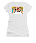 Sexy surprised blonde pop art woman with open mouth and rising hands screaming announcement. Vector background in comic retro pop art style. Party invitation. - Women's T-Shirt