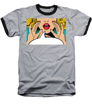 Sexy surprised blonde pop art woman with open mouth and rising hands screaming announcement. Vector background in comic retro pop art style. Party invitation. - Baseball T-Shirt