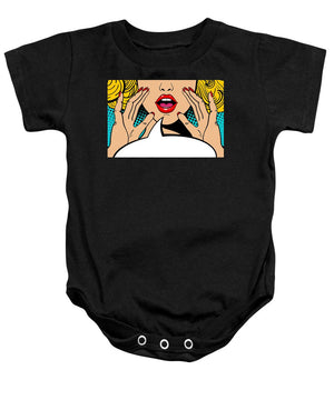 Sexy surprised blonde pop art woman with open mouth and rising hands screaming announcement. Vector background in comic retro pop art style. Party invitation. - Baby Onesie