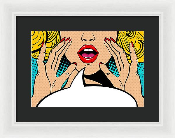 Sexy surprised blonde pop art woman with open mouth and rising hands screaming announcement. Vector background in comic retro pop art style. Party invitation. - Framed Print