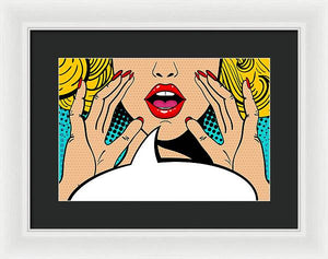 Sexy surprised blonde pop art woman with open mouth and rising hands screaming announcement. Vector background in comic retro pop art style. Party invitation. - Framed Print