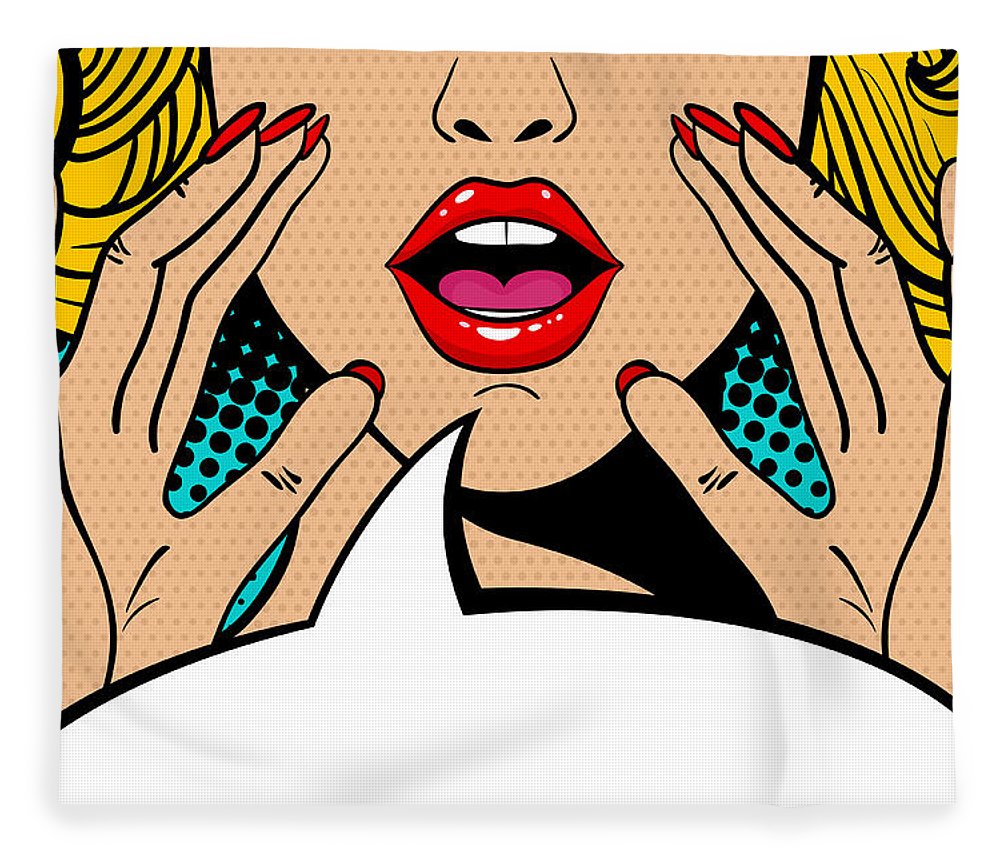 Sexy surprised blonde pop art woman with open mouth and rising hands screaming announcement. Vector background in comic retro pop art style. Party invitation. - Blanket