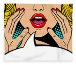 Sexy surprised blonde pop art woman with open mouth and rising hands screaming announcement. Vector background in comic retro pop art style. Party invitation. - Blanket