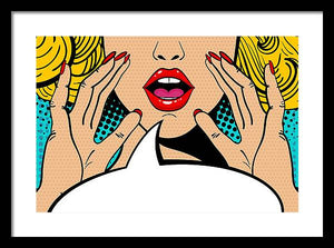 Sexy surprised blonde pop art woman with open mouth and rising hands screaming announcement. Vector background in comic retro pop art style. Party invitation. - Framed Print