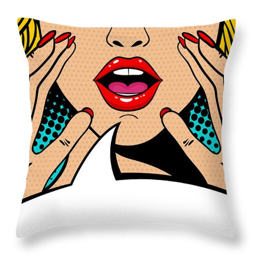 Sexy surprised blonde pop art woman with open mouth and rising hands screaming announcement. Vector background in comic retro pop art style. Party invitation. - Throw Pillow