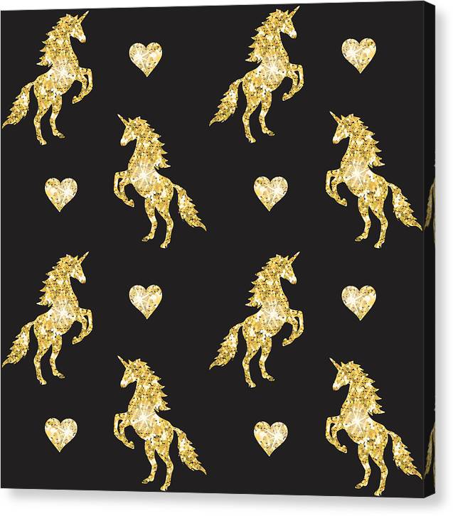 Vector seamless pattern of golden glitter unicorn silhouette isolated on black background - Canvas Print