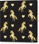 Vector seamless pattern of golden glitter unicorn silhouette isolated on black background - Canvas Print