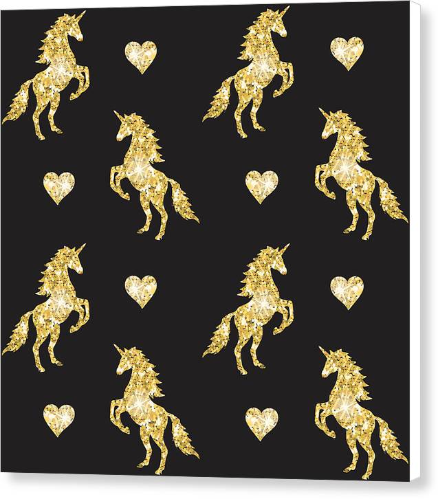Vector seamless pattern of golden glitter unicorn silhouette isolated on black background - Canvas Print