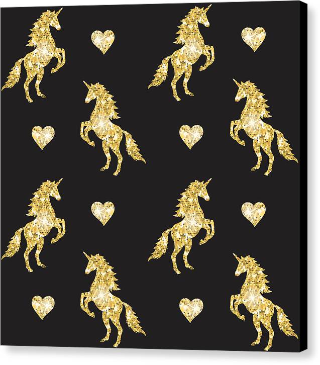Vector seamless pattern of golden glitter unicorn silhouette isolated on black background - Canvas Print