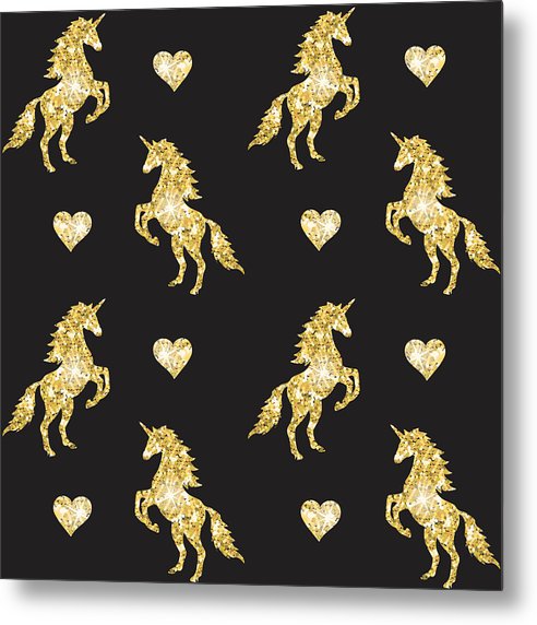 Vector seamless pattern of golden glitter unicorn silhouette isolated on black background - Metal Print